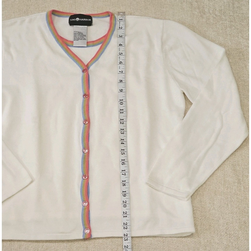 VTG SAG Harbor White Layered Look Cardigan with Rainbow Pipping Measures Medium - Picture 6 of 7